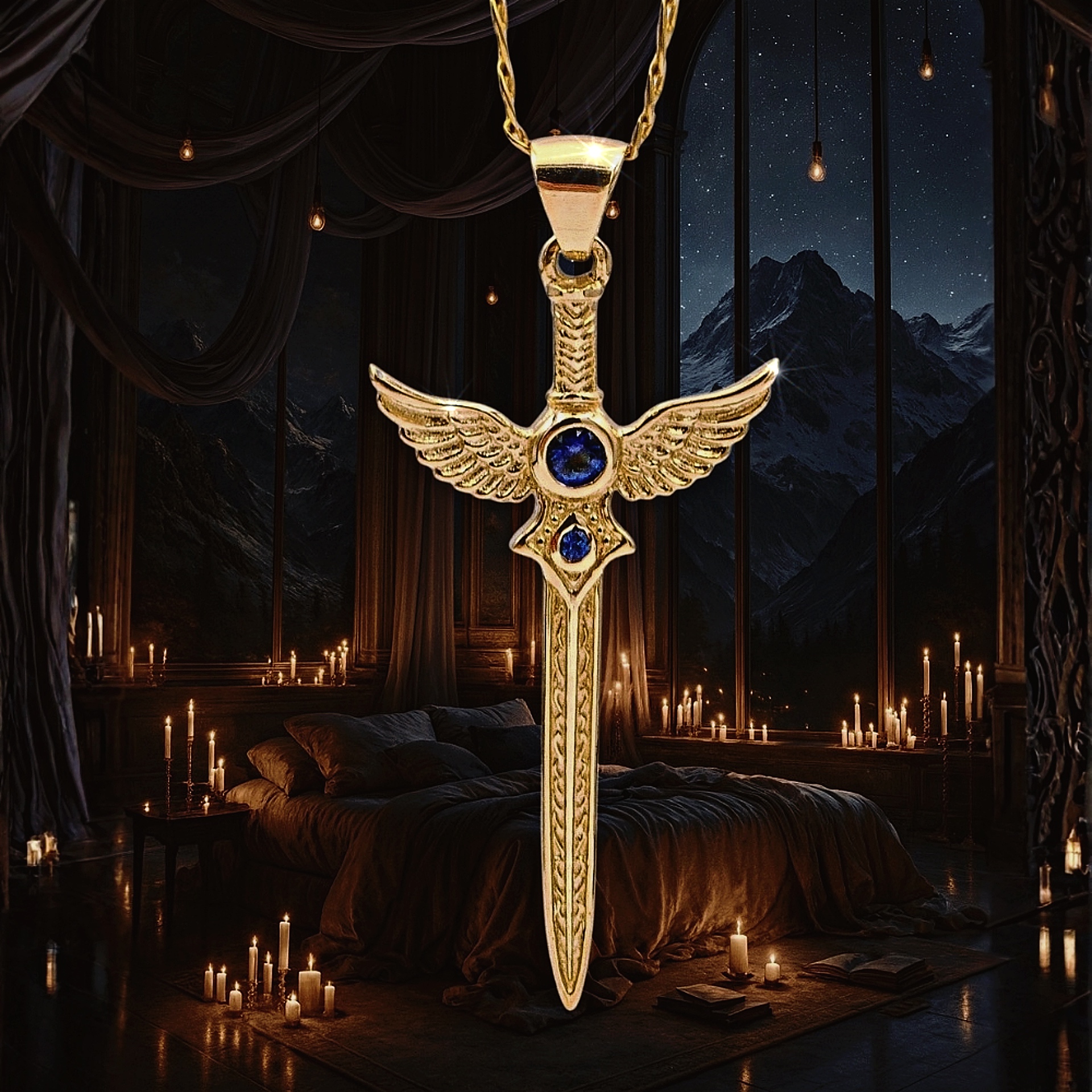 Złota zawieszka Miecz Walkirii z Szafirami kamieniem mądrości, ochrony i wewnętrznego światła 7F7AF511-278B-46F8-8927-CF68C84792FF