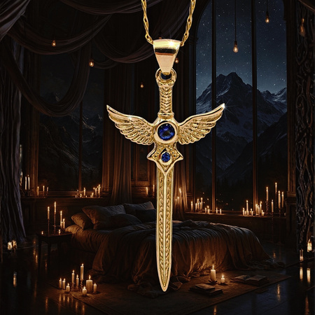 Złota zawieszka Miecz Walkirii z Szafirami kamieniem mądrości, ochrony i wewnętrznego światła