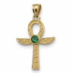 Złoty krzyż Ankh ze skrzydłami Izydy i Szmaragdem kamieniem młodości