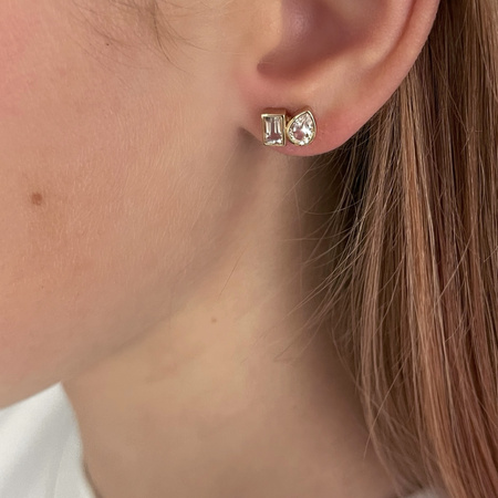 Złote kolczyki Tears of Face z białym Topazem w kształcie łezki i oktagonu 1,8 ct kamieniem ambicji i samorealizacji , zapięcie na sztyft  próba 585
