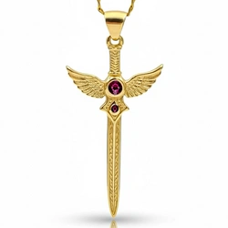 Złota zawieszka Miecz Walkirii z Rubinami kamieniem miłości i namiętności