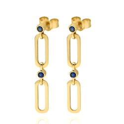 Długie złote modowe kolczyki prostokąty z Szafirami złoto 585
