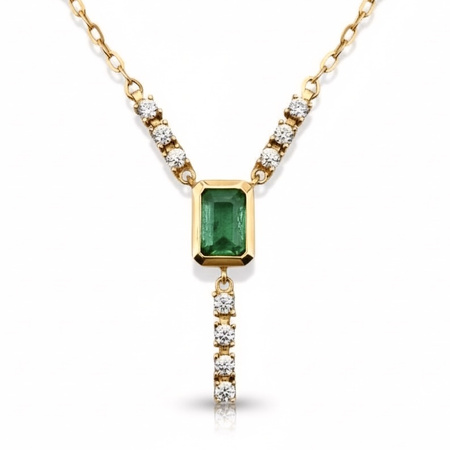 Złoty naszyjnik krawatka ze Szmaragdem 0.48 ct kamieniem miłości i młodości długość 42-45 cm i cyrkoniami próba 585