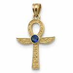 Złoty krzyż Ankh ze skrzydłami Izydy i Szafirem kamieniem odwagi