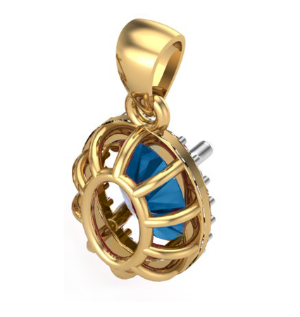 Złota zawieszka Elegante z Topazem Swiss Blue 2,4ct i Cyrkoniami szerokość 1,0 cm wysokość z uchwytem 2,0 cm próba 585