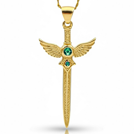 Złota zawieszka Miecz Walkirii ze Szmaragdami kamieniem wiecznej miłości i dobrobytu
