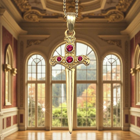 Złota zawieszka Miecz „Ataraxia” z Rubinami kamieniem miłości i namiętności