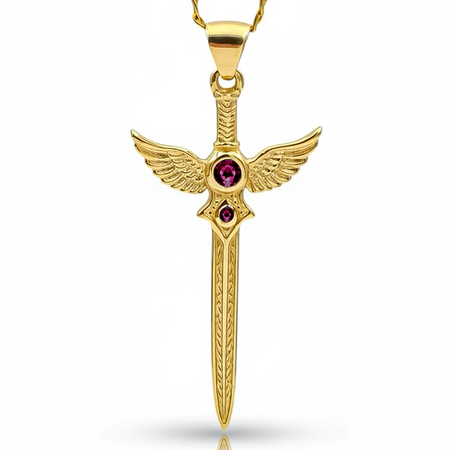 Złota zawieszka Miecz Walkirii z Rubinami kamieniem miłości i namiętności