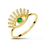Złoty pierścionek oko proroka ze Szmaragdem 0.12 ct i cyrkoniami