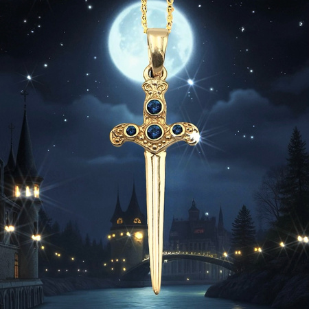 Złota zawieszka Miecz „Ataraxia” z Szafirami kamieniem mądrości, ochrony i wewnętrznego światła