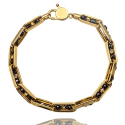 Modowa gruba bransoleta damska wykonana z żóltego złota z grawerowanymi kulkami oraz kulkami z Onyksu  , długość 18 cm próba 585